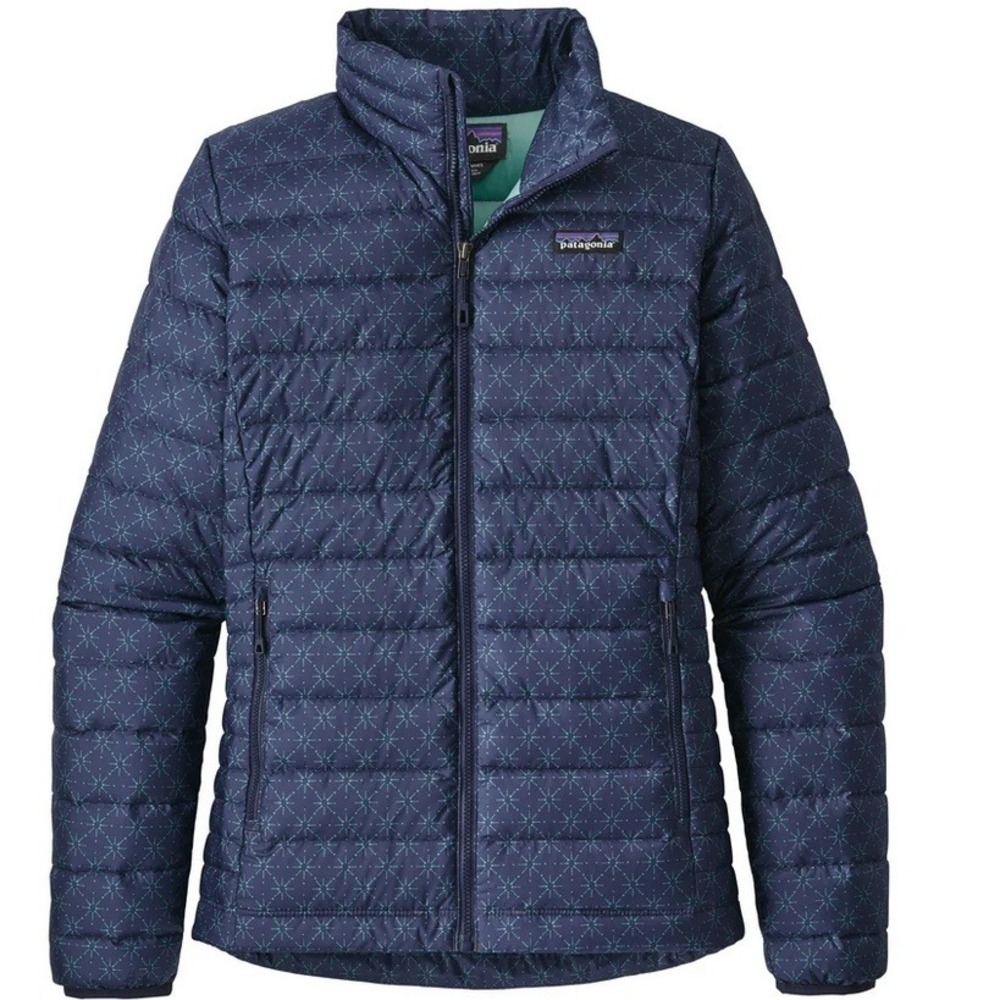 Patagonia Starburst Down Puffer Jacket Women's Sz S Navy Aqua Blue Zip Front